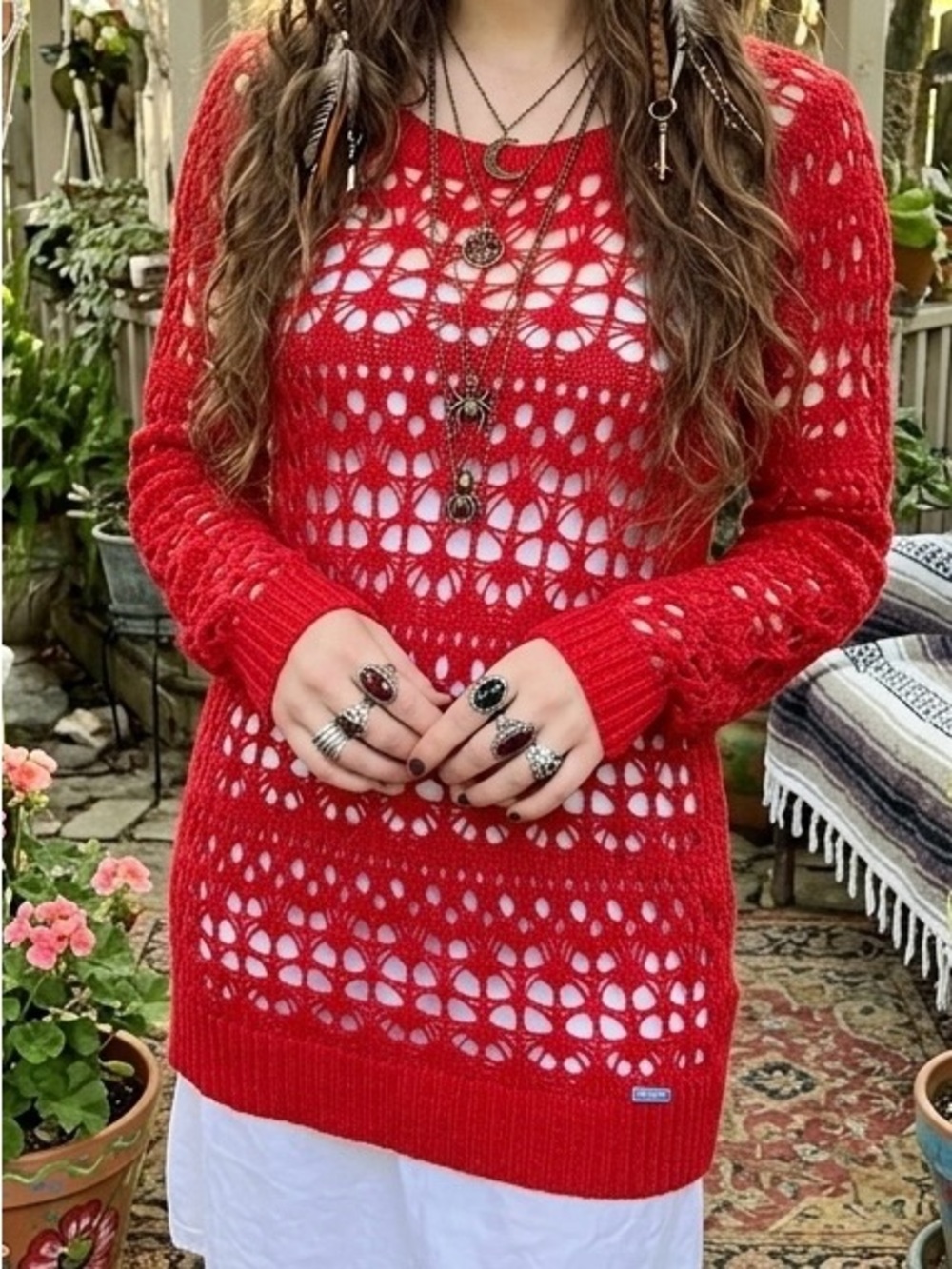 Y2K Style Hollister Red Open Knit Alpaca Wool Sweater S